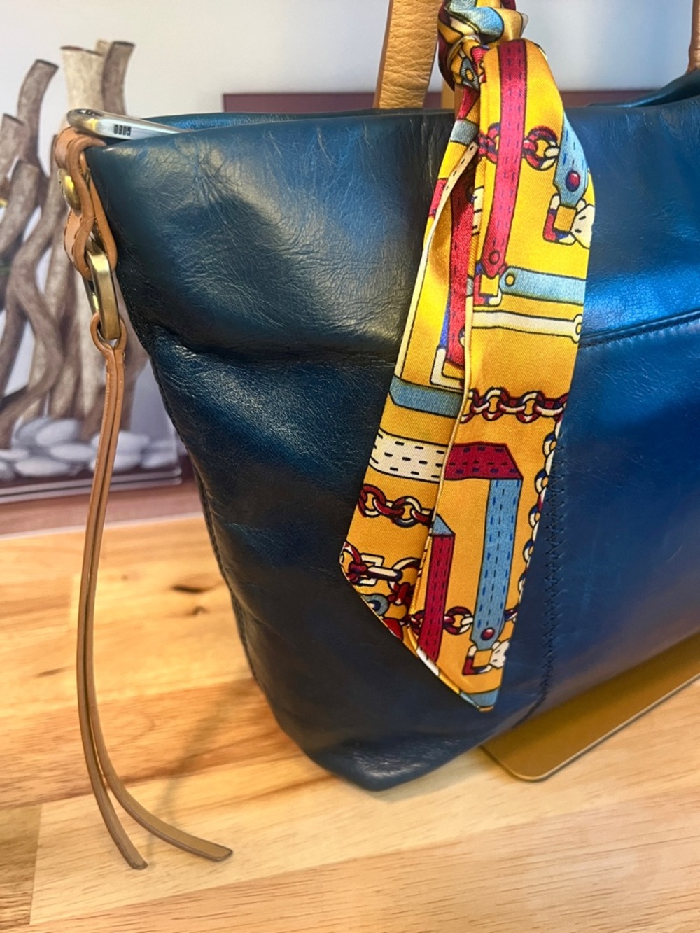 HOBO Cecily Leather Tote Shoulder Bag in Deep Teal Blue with Tan Straps - Picture 2 of 12